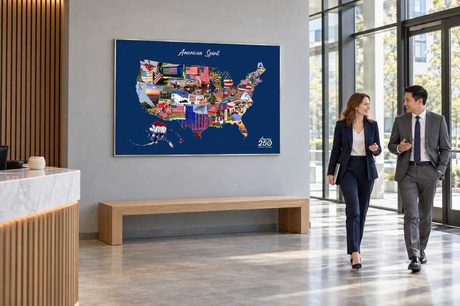 The American Spirit map framed in a company lobby