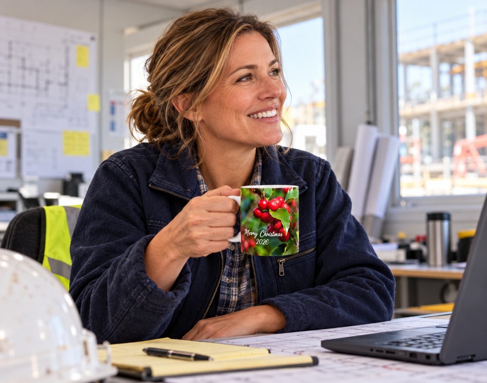 Woman smiling at her desk holding a holly berry Merry Christmas mug