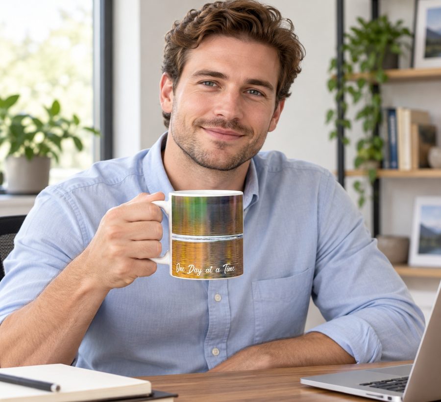 Man at his desk holding a One Day at a Time mug