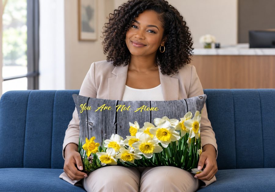 Woman on a sofa holding a daffodil throw pillow that reads You Are Not Alone