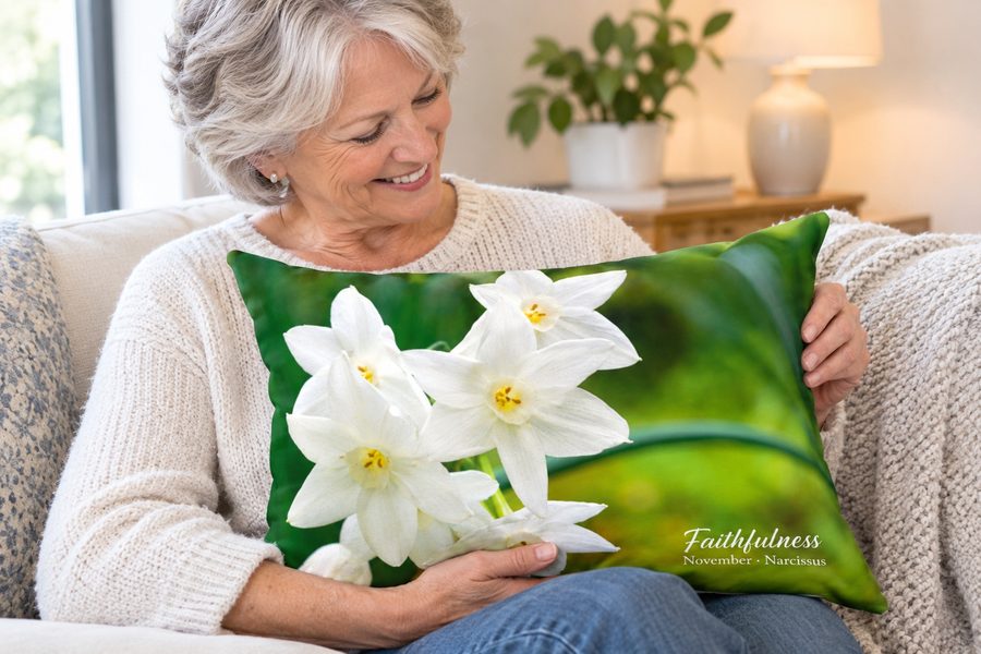 Woman holding a white narcissus Faithfulness throw pillow
