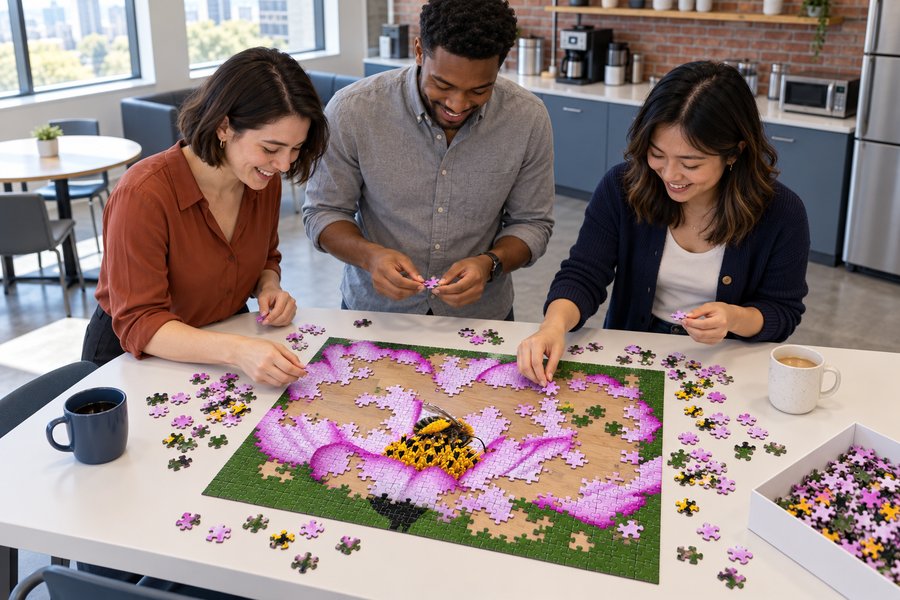 Three coworkers smiling as they put together a pink cosmos and bee puzzle in an office kitchen