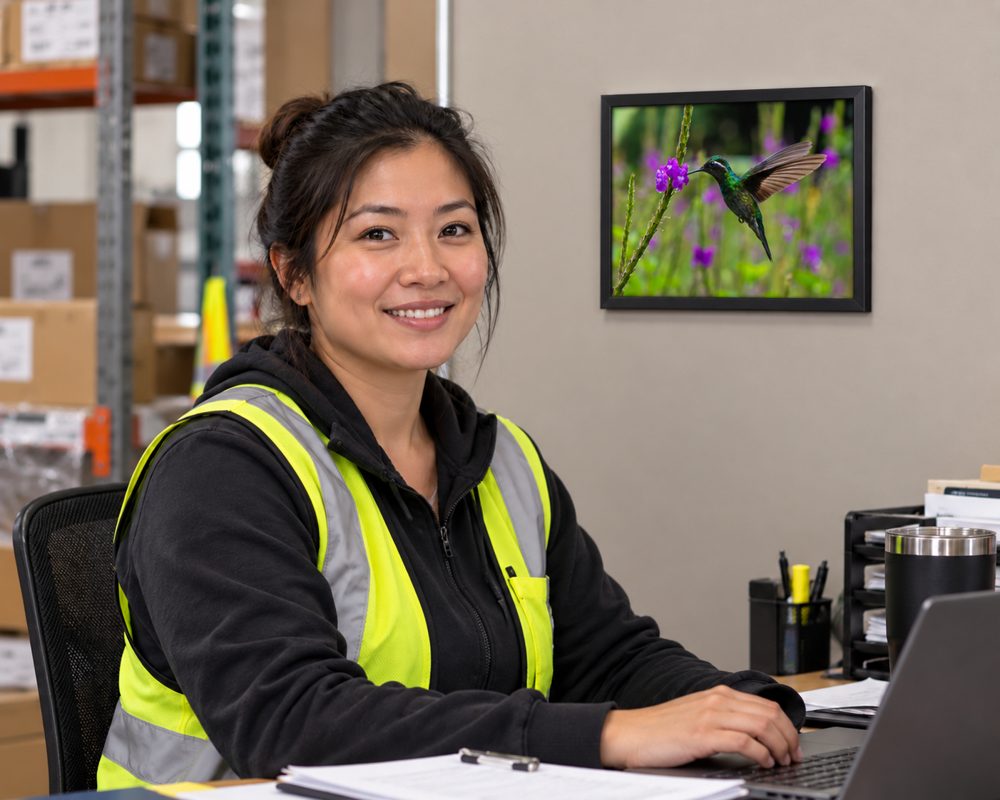 Smiling warehouse team member at her desk with a framed hummingbird photograph on the wall behind her